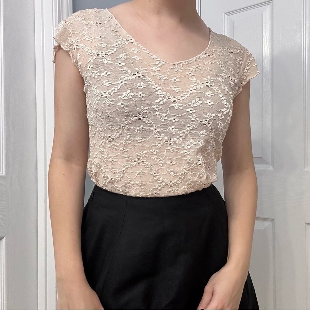 Vintage Blouse Y2K Coquette Pastel Cream Dainty Floral Semi Sheer Size Medium